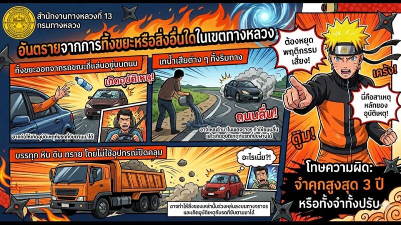 สำนักงานทางหลวงที่ 13 กรมทางหลวง เตือน!! ทิ้งขยะหรือสิ่งอื่นใดในเขตทางหลวง มีความผิดตามกฎหมาย