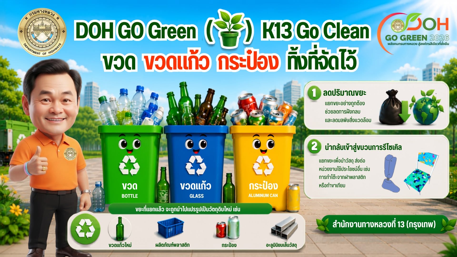 "DOH Go Green >>> K13 Go Clean ขวด ขวดแก้ว กระป๋อง ทิ้งที่จัดไว้”